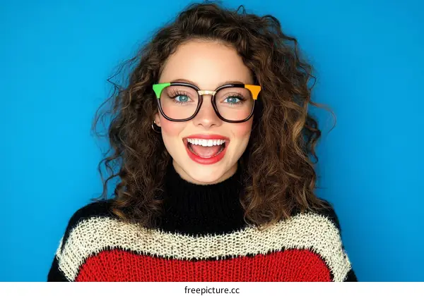 Happy Woman with Colorful Glasses and Knitted Sweater