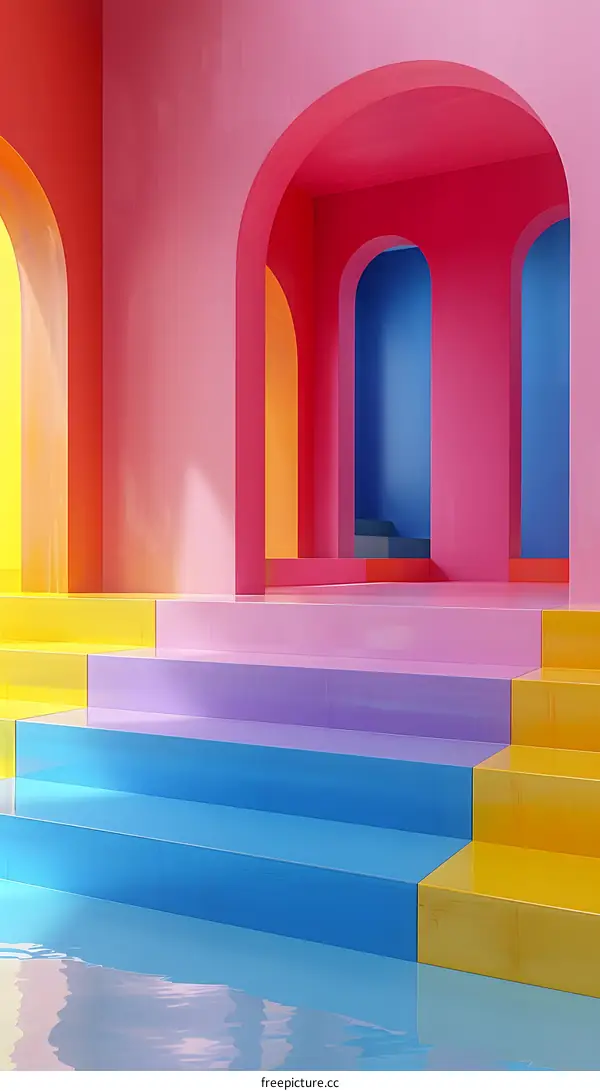 Abstract Colorful Archway with Stairs and Water