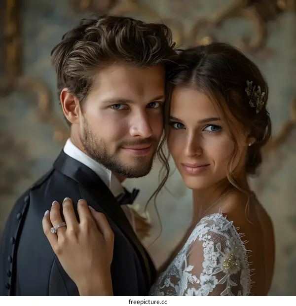 A newlywed couple in wedding dresses, taking wedding photos in the studio