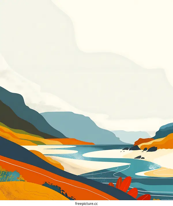 Abstract Colorful Landscape Illustration with Mountains, River, and Sky