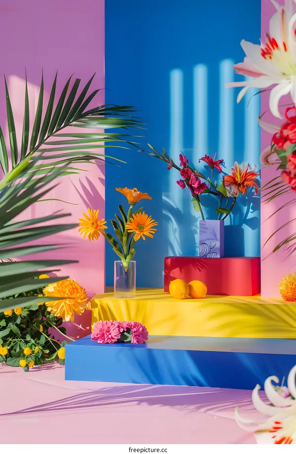 Colorful Flowers and Lemons on a Stage with a Tropical Vibe