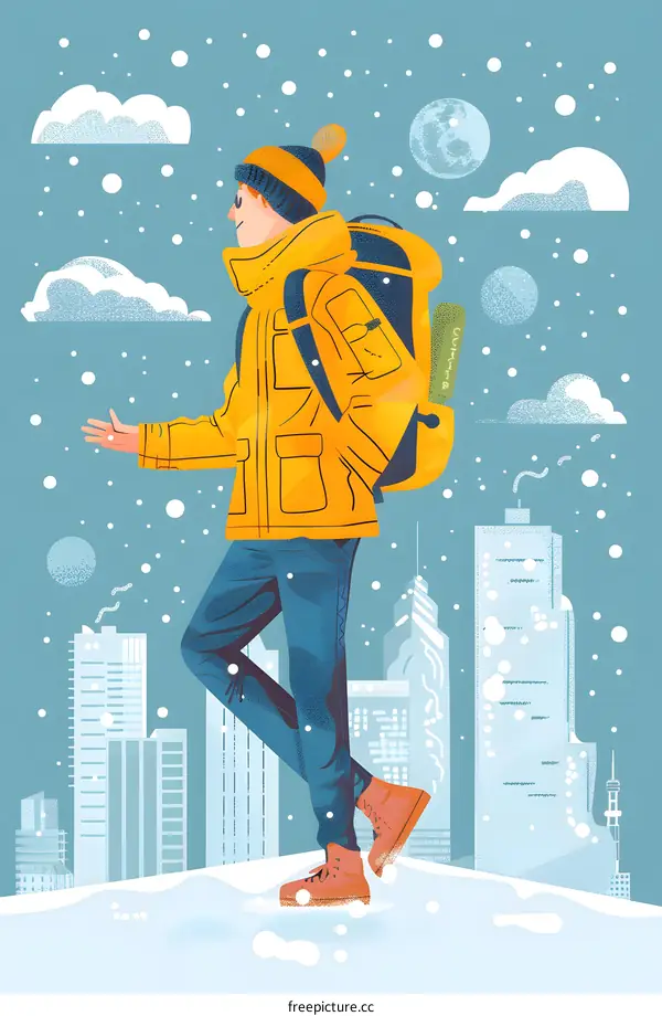 Man Walking in Snowy City with Backpack