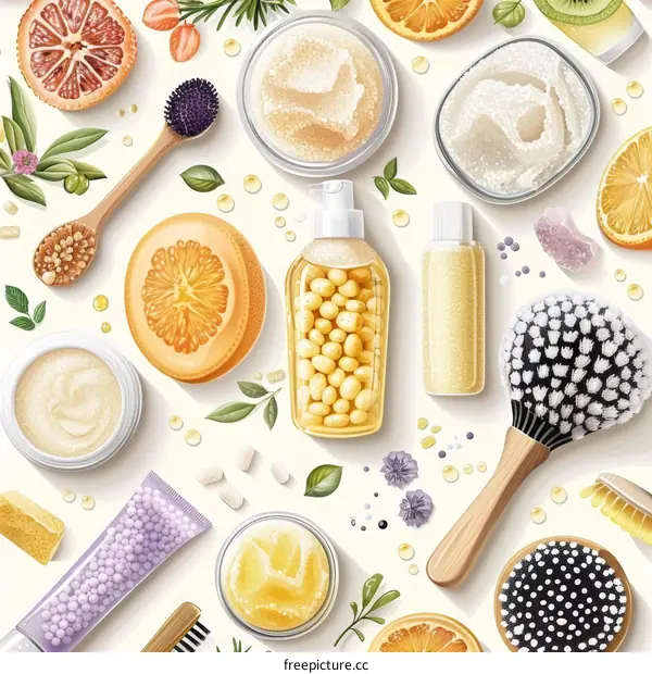 Natural skincare products surrounded by slices of orange, lemon, and kiwi fruit