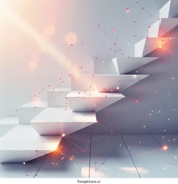 Abstract 3D Rendering of Staircase Glowing Lines Dots Pink Orange White Background Futuristic