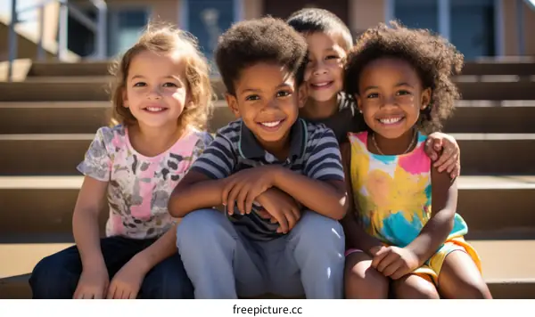 Four happy children sitting on the steps