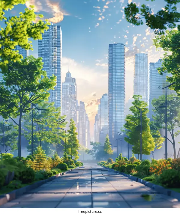 City Street with Lush Trees and Modern Buildings in the Background