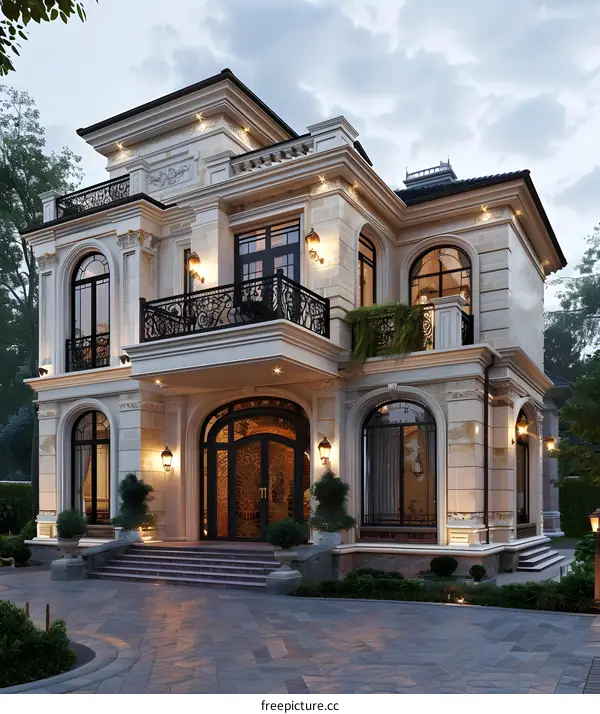 European-style exterior of a luxury house with cream-colored stone and black framed windows