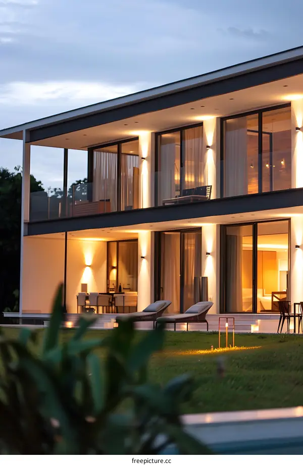 Modern Luxury Home with Pool and Outdoor Lighting at Dusk