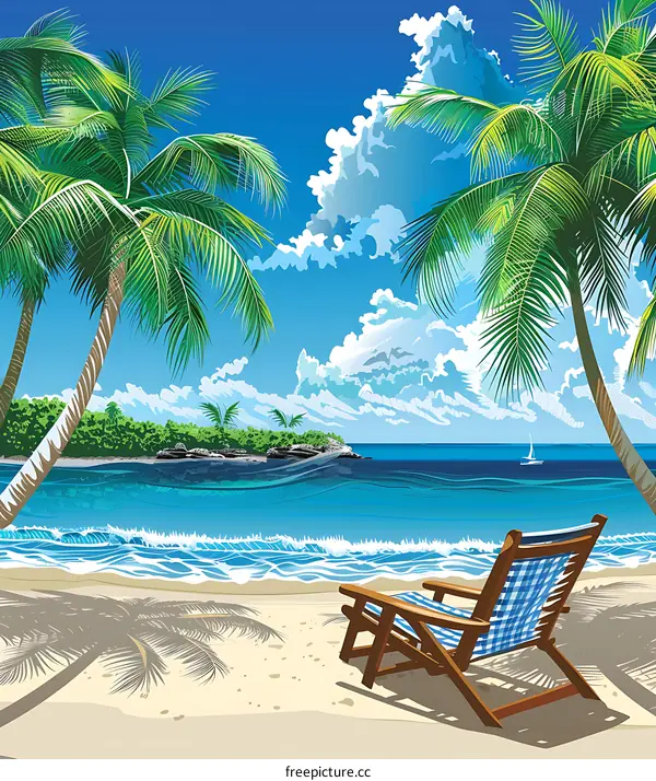Tropical Beach Scene with Palm Trees and a Relaxing Chair