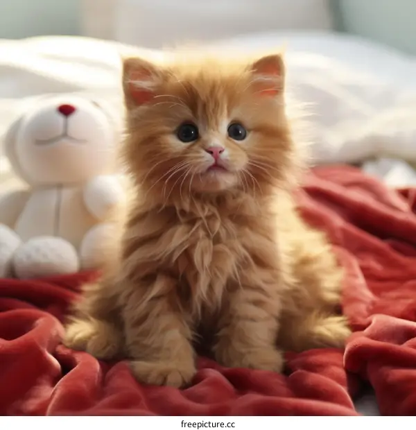 A fluffy orange kitten sits on a red blanket next to a white stuffed animal rabbit
