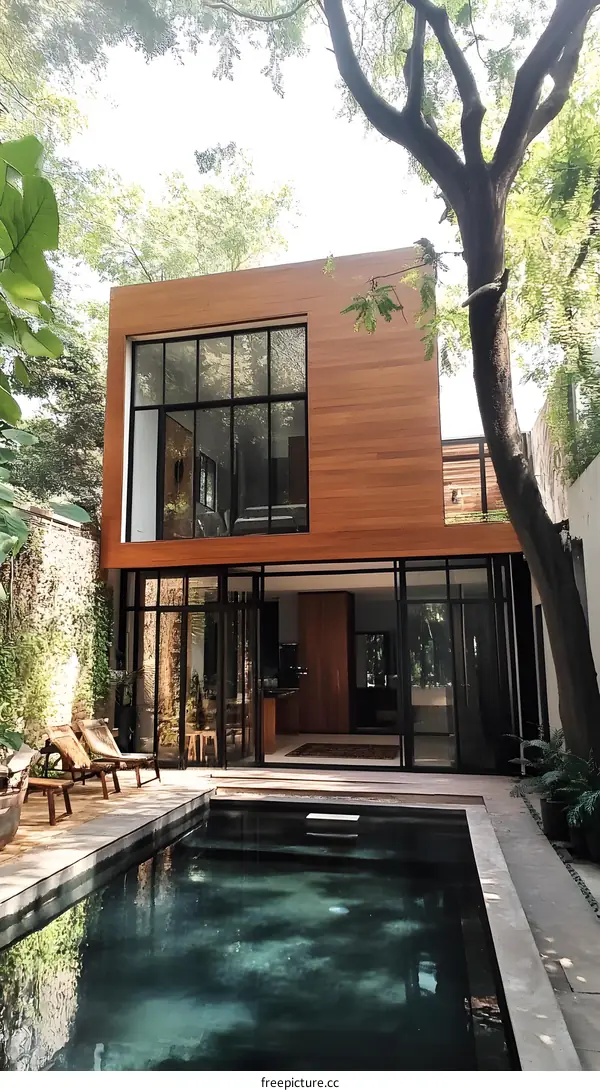 Modern Minimalist House with Swimming Pool and Lush Greenery