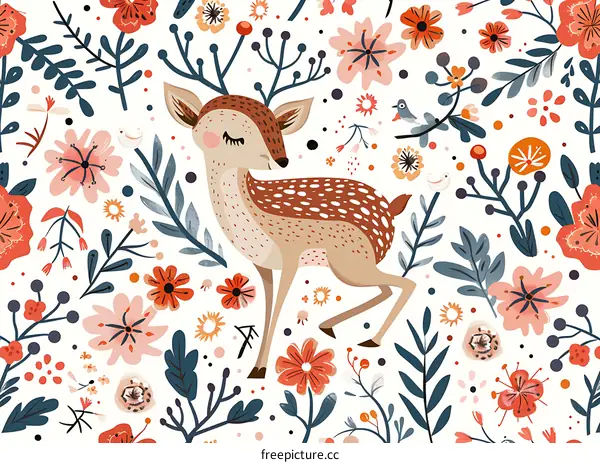 Cute Deer in Floral Pattern Illustration