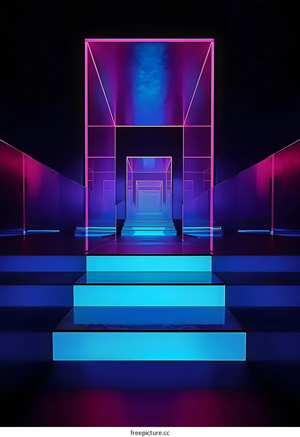 Neon Lights Staircase Abstract Background