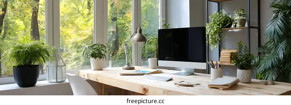 Cozy Home Office by the Window with Plants