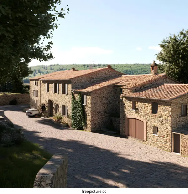 Stone House Exterior with Green Trees