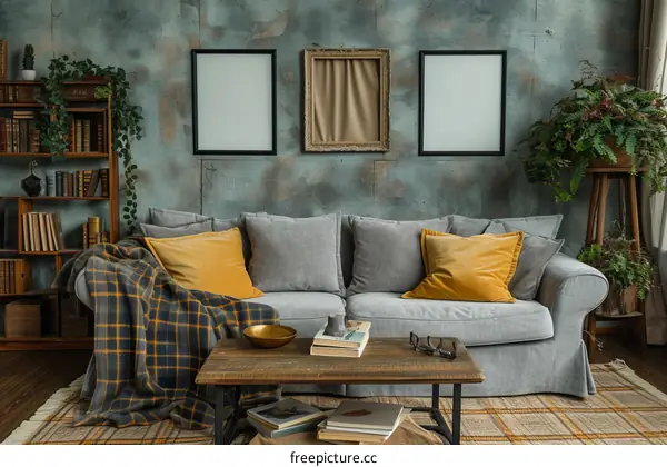 Gray Sofa with Yellow Pillows in Modern Living Room