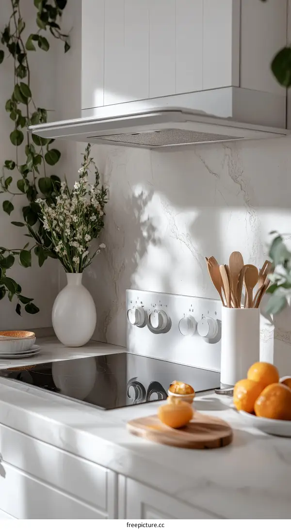 Modern Kitchen with Sunlight and Fresh Flowers
