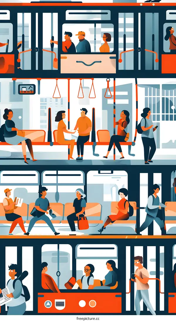 Colorful Illustration of People Riding a Train