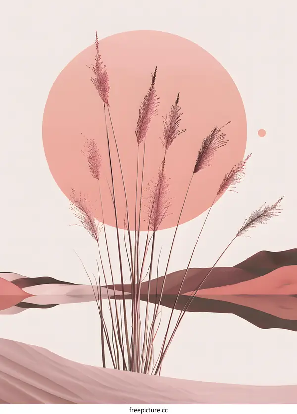 Minimalist Abstract Art with Pink Grass and Sun