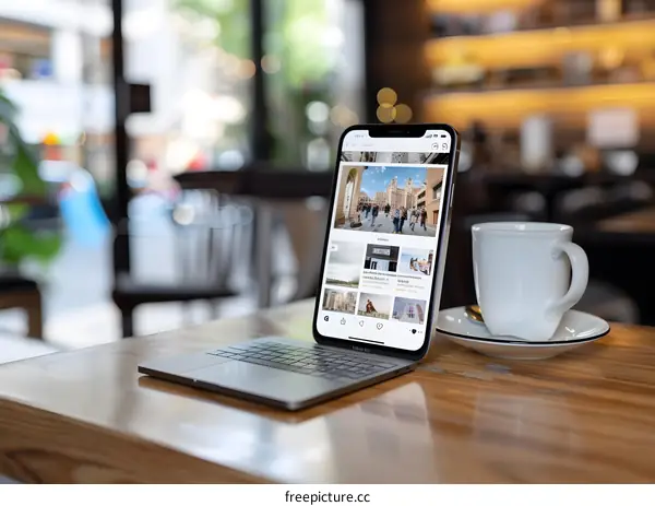 Laptop and Coffee Cup on a Table in a Cafe