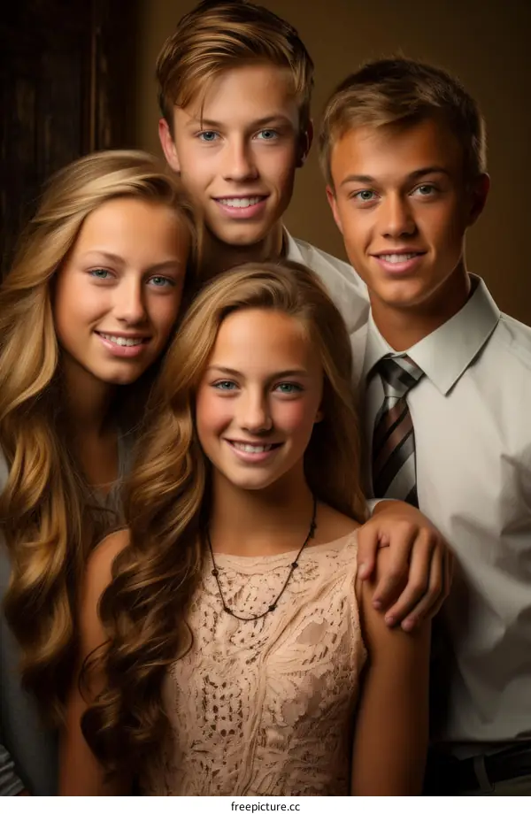 Portrait of four happy teenage siblings