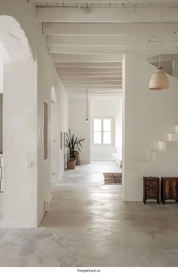 White Minimalist Interior Design with Exposed Wooden Beams and a Large Window