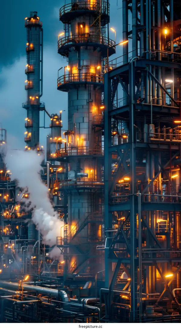 Illuminated Oil Refinery at Night