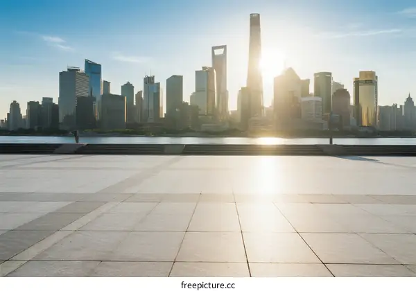 Modern City Skyline with Skyscrapers and Clear Blue Sky