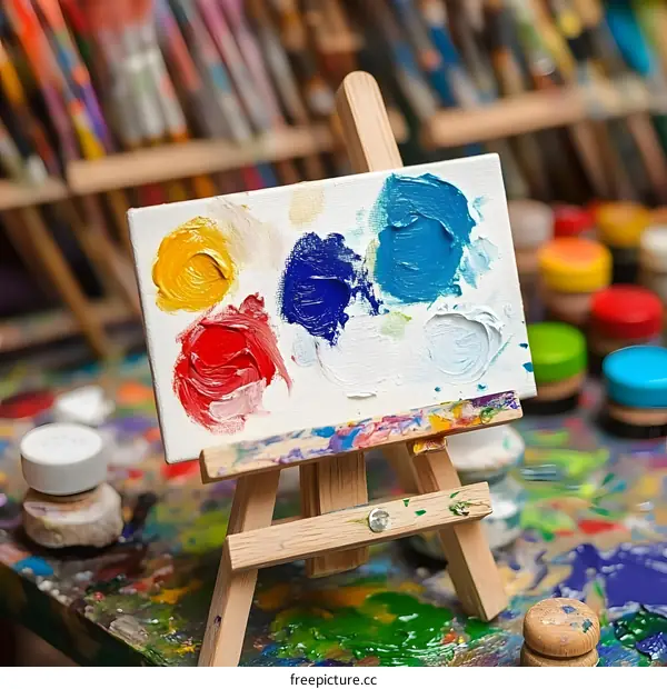 Colorful Paint Palette on Easel with Brushes in Background