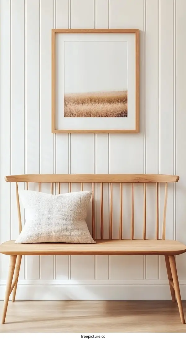 Rustic Wooden Bench with Framed Artwork