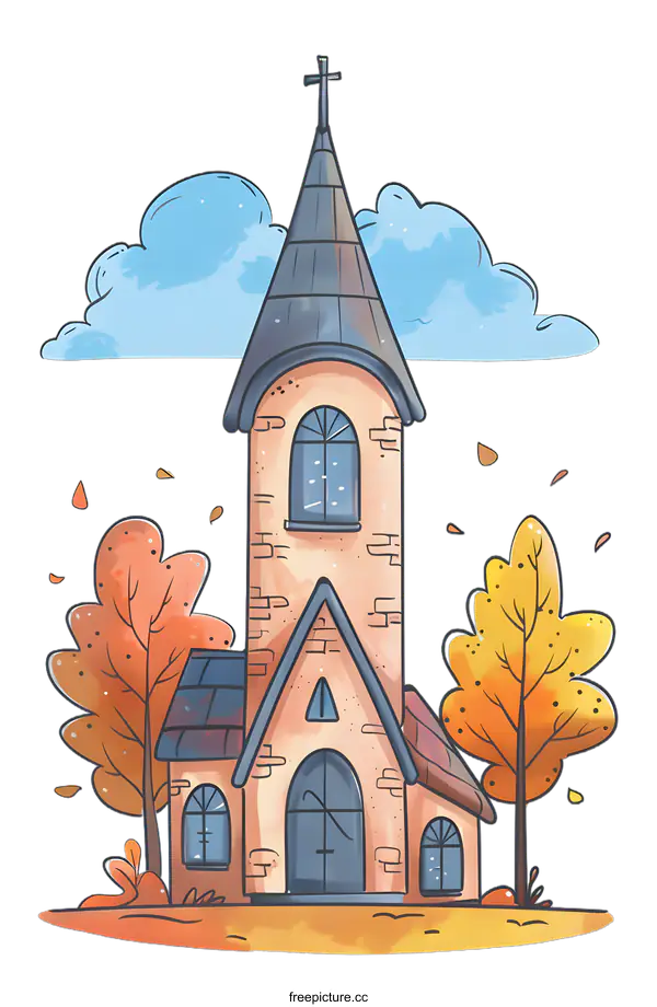 [Transparent Background PNG]Autumn Church Illustration With Trees