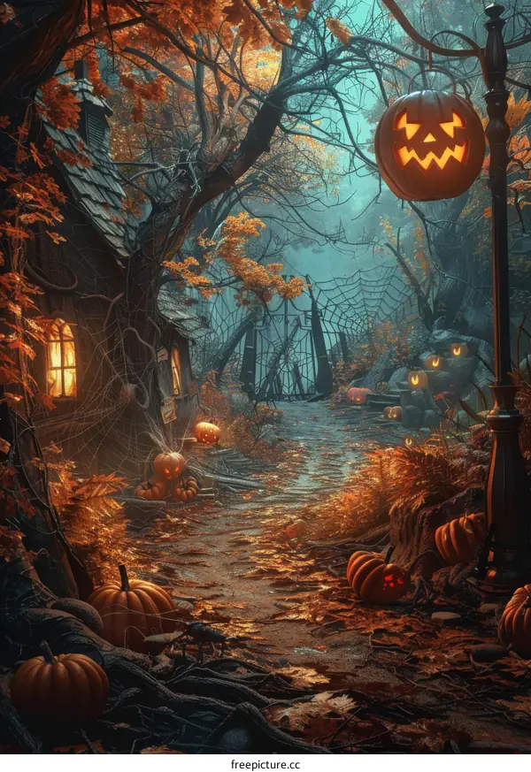 Spooky Halloween Pumpkin House in Autumn Woods