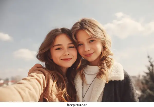 Two Young Girls Taking Selfie in Bright Outdoor Setting
