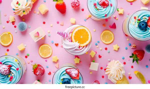 Colorful Dessert Flat Lay with Lemon, Strawberry and Candy