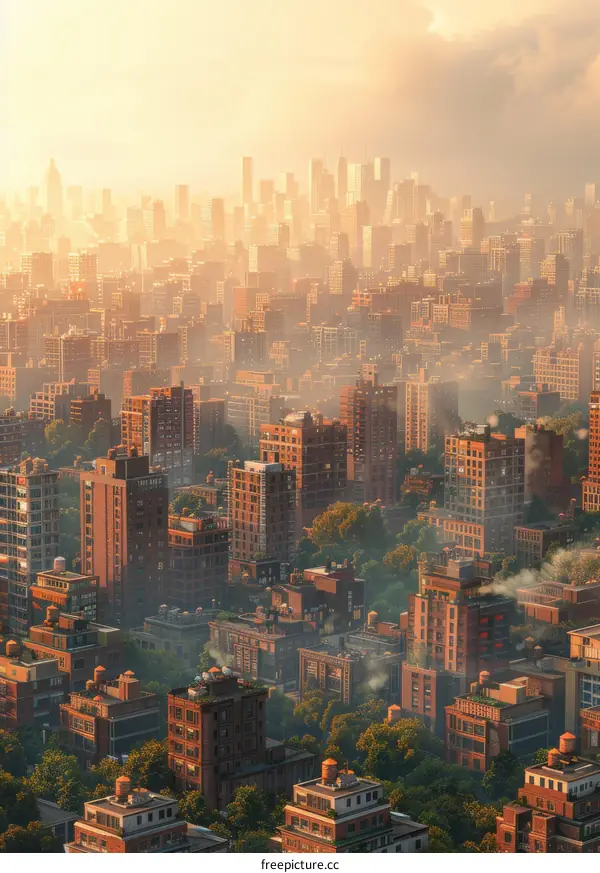 Dense Urban Landscape with Tall Buildings and Greenery
