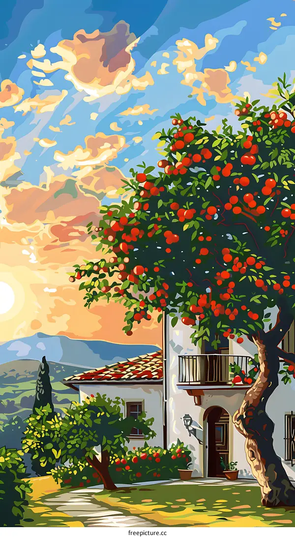 Sunset View of a Mediterranean House with Fruit Trees