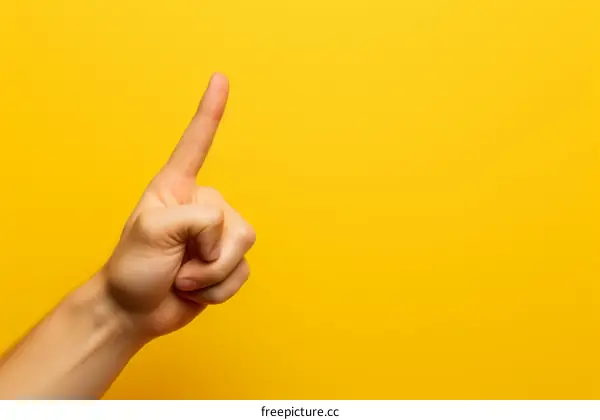 A hand with one finger pointing up on a yellow background