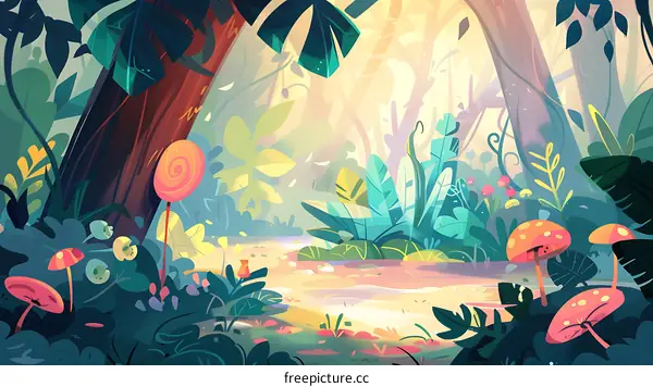 Fantasy Forest with Bright Colors and Candy