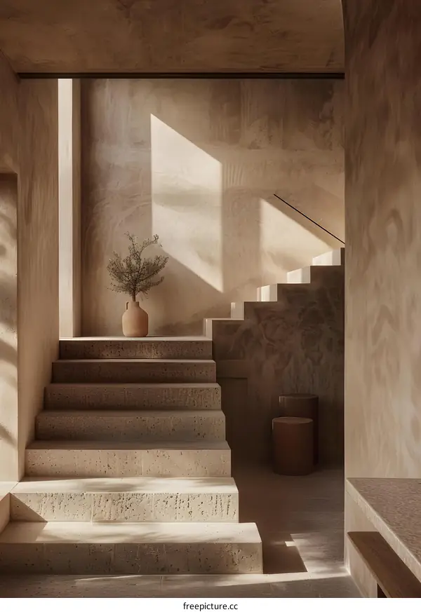 Minimalist Interior Design With Stone Stairs and Sunlight