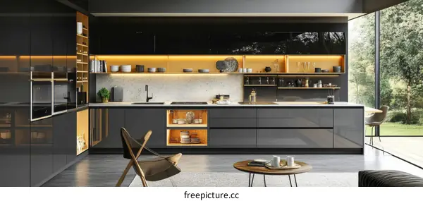Modern Dark Grey Kitchen Design with Warm Lighting