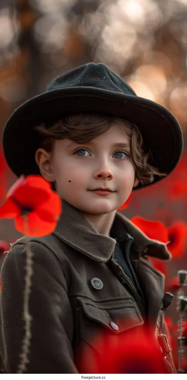 Portrait of a young boy in a military uniform standing in a field of red flowers