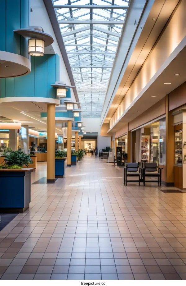 An empty shopping mall with a long hallway and blue walls