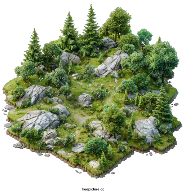[Transparent Background PNG]isometric view of a green rocky terrain