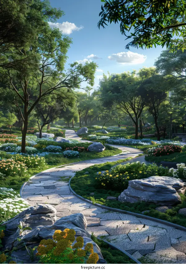 Scenic Park Pathway Winding Through Lush Greenery