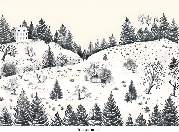 Winter Landscape Illustration with Snow Covered Trees and a Small Cabin