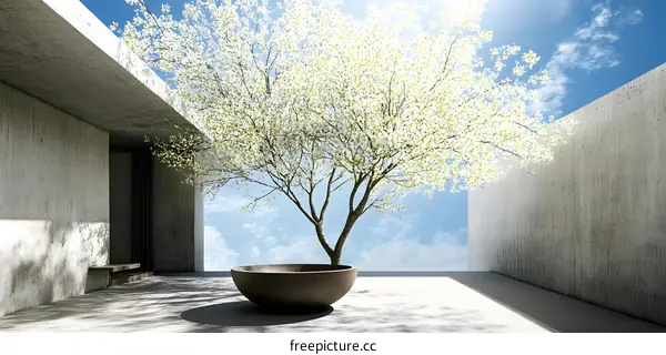 Minimalist Concrete Patio with Blooming Tree and Sky