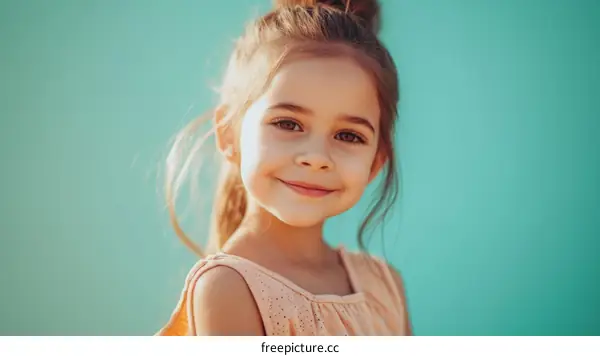 Portrait of a smiling little girl with brown hair and brown eyes