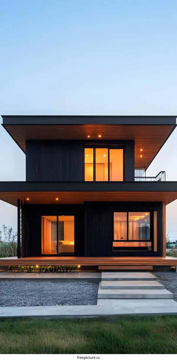 Modern Black and Wood House with a Gravel Patio