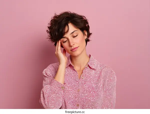 Woman with Headache Against Pink Background