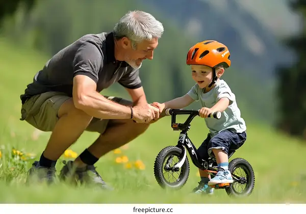 Father Teaches Son How to Ride a Bike in Green Meadow